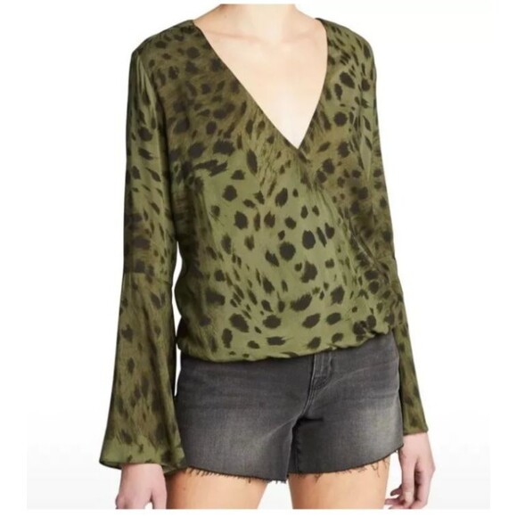 L'AGENCE Blouse Womens S Olive Black Mei Long Bell-Sleeve Surplice Faux Wrap - Picture 1 of 11